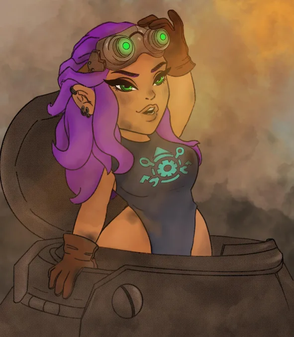 An anime-style woman with purple hair and glowing green goggles adjusts them while sitting in a cockpit, wearing a shirt…