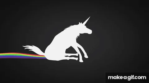 The image displays a white silhouette of a unicorn against a black background, shown in four sequential frames. In each…