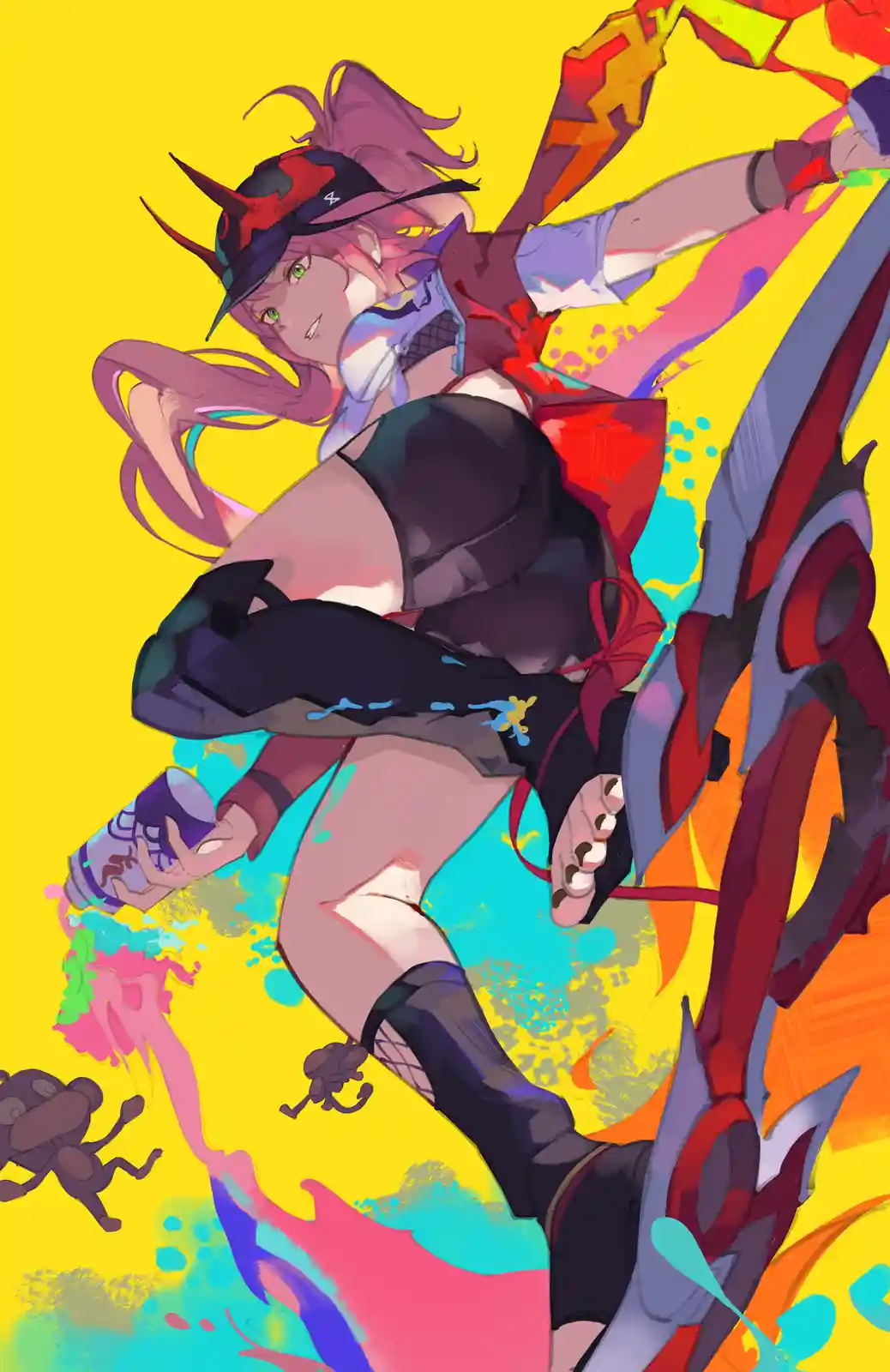 An anime-style illustration shows a pink-haired woman in a black outfit and red hat, mid-air, holding a paint can and…