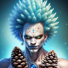 A digitally rendered humanoid figure with a spiky, blue-white mohawk hairstyle and glowing green eyes, adorned with facial…