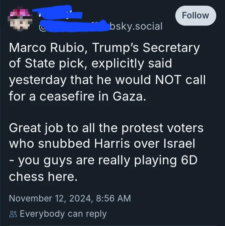 A screenshot of a social media post from a user on bluesky.social, with the user's profile picture and handle obscured by…