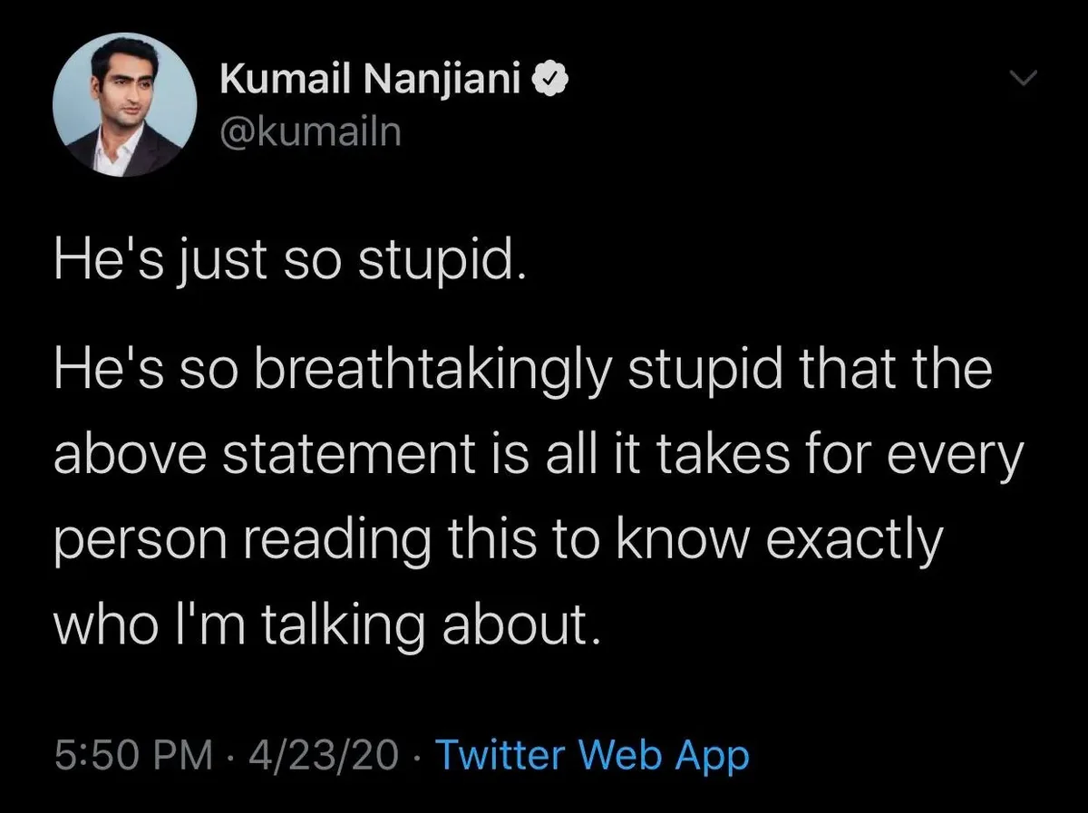 A screenshot of a tweet by Kumail Nanjiani, who is shown in a circular profile picture. The tweet text reads 'He's just so…