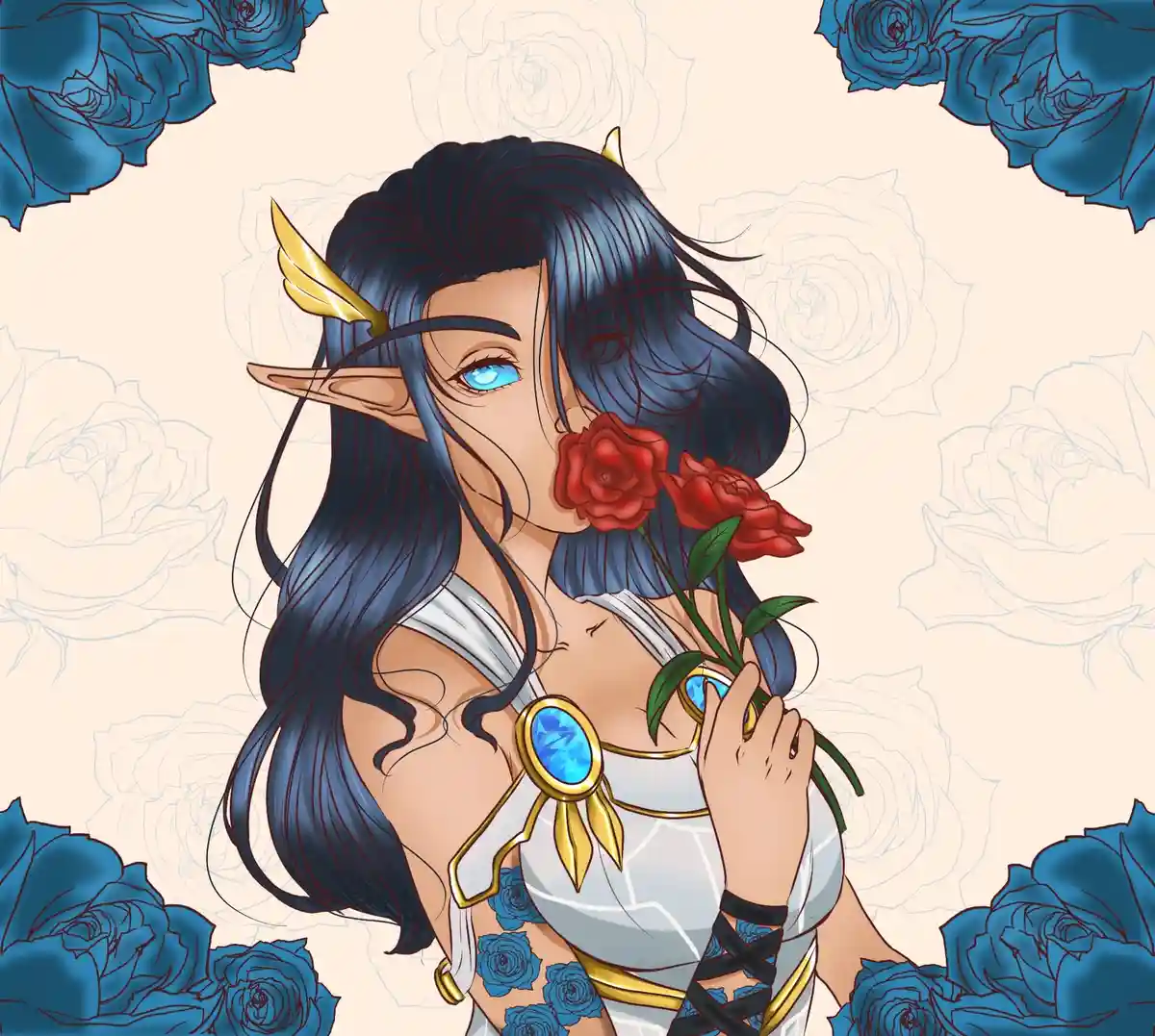 An anime-style illustration of a dark-haired elf woman with blue eyes and golden horns, wearing a white and gold outfit with…