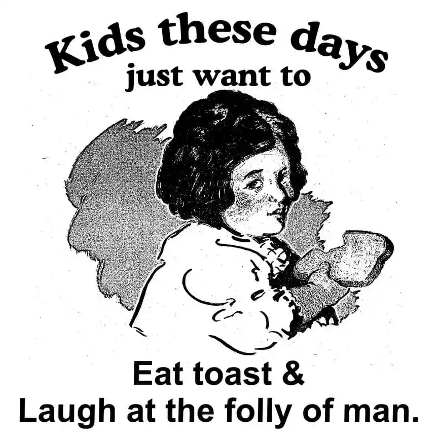 A vintage black-and-white illustration shows a young child with curly hair holding a piece of toast, looking off to the…