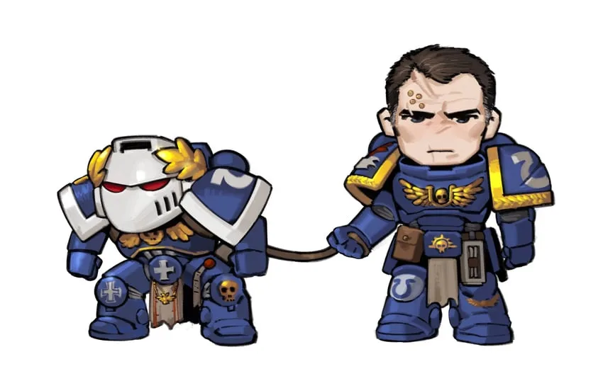Two chibi-style characters from Warhammer 40,000: a Space Marine in blue armor holding a leash, and a smaller, armored…