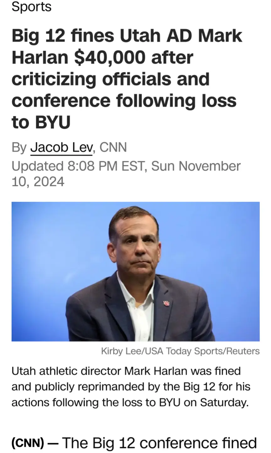 A screenshot of a CNN sports article shows a photo of Mark Harlan, Utah's athletic director, looking serious against a blue…