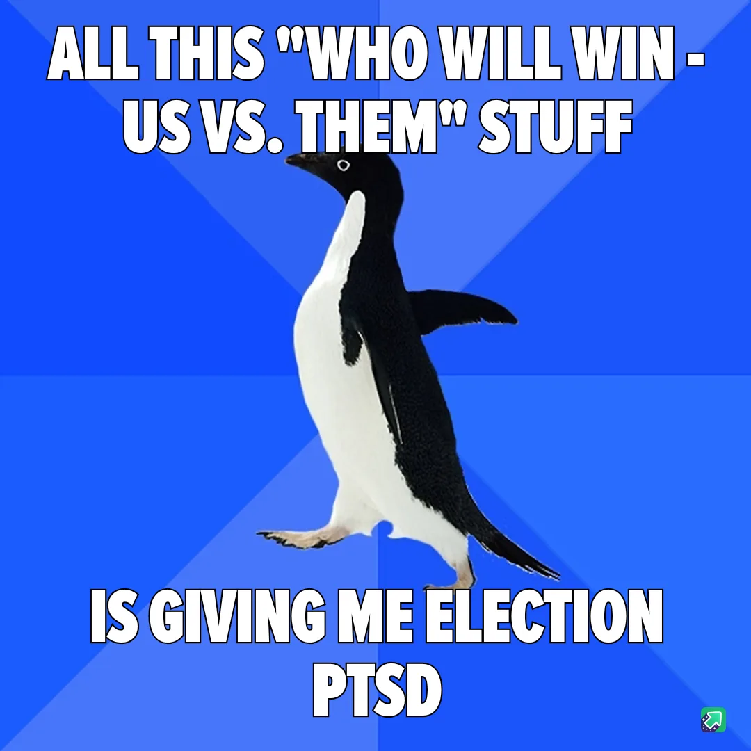 A black-and-white penguin walks against a blue background with diagonal stripes. White bold text at the top reads 'ALL THIS…