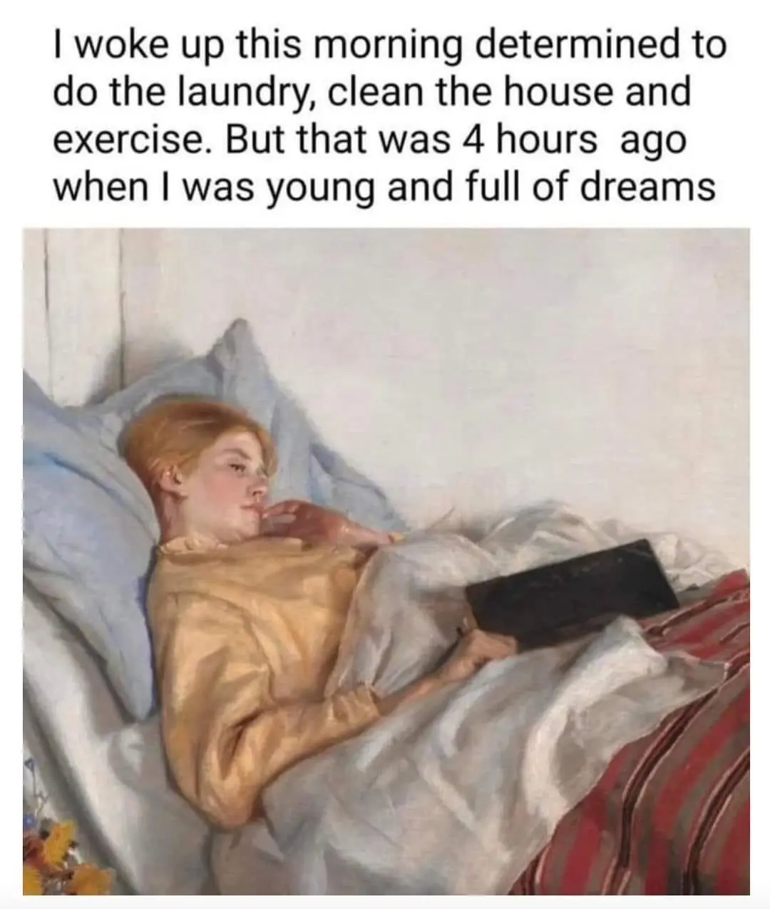 A painting depicts a young woman in a yellow nightgown lying in bed, propped up on blue pillows, holding a black tablet. The…