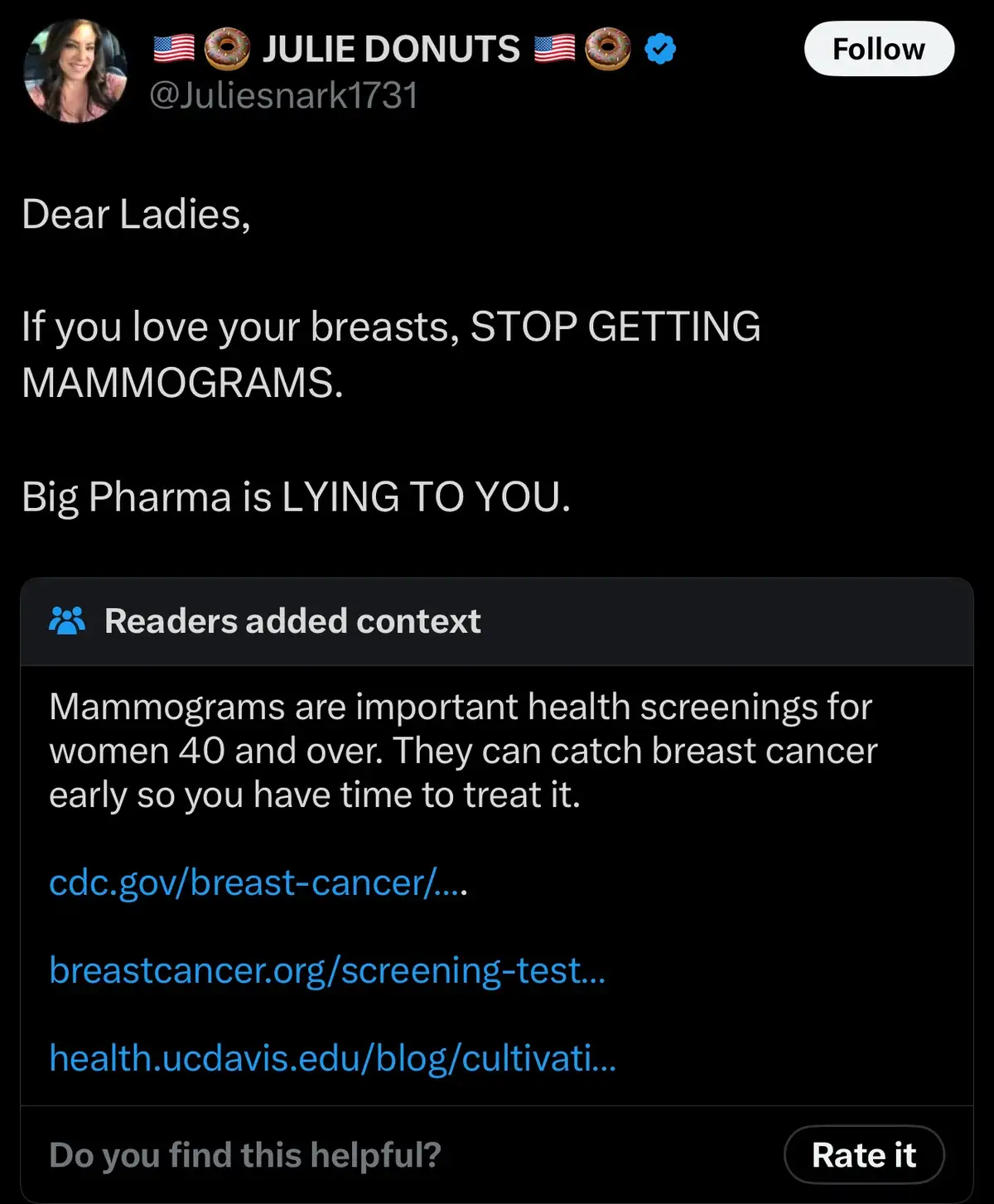 A screenshot of a social media post by 'Julie Donuts' with a black background and white text. The post reads 'Dear Ladies…