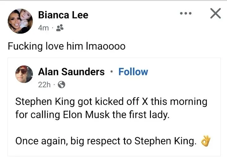 A screenshot of a social media post showing user Alan Saunders commenting that Stephen King was kicked off X for calling…