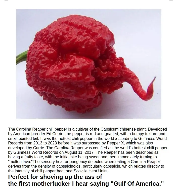 A close-up photograph of a bright red, gnarled Carolina Reaper chili pepper with a bumpy texture and a small pointed tail…