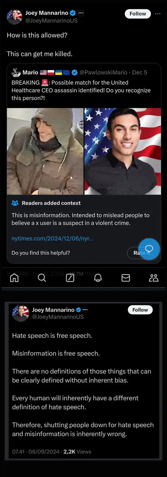 A screenshot of a Twitter thread by Joey Mannarino shows a viral post falsely claiming a man in a hoodie is a suspect in a…