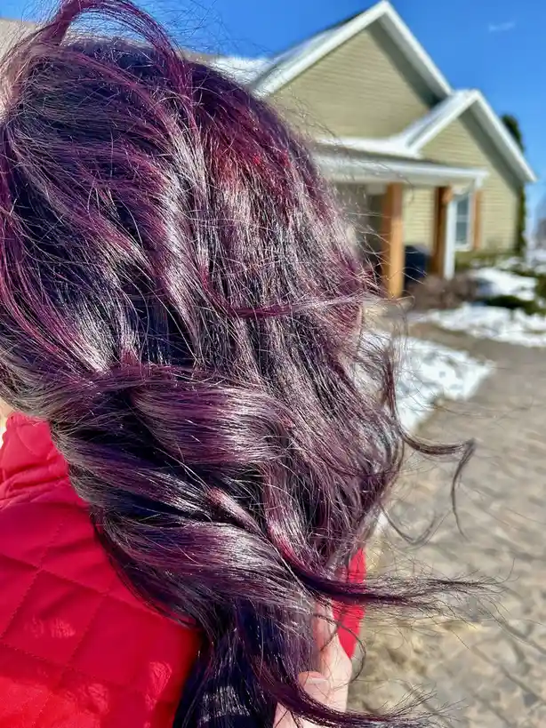 A close-up photo shows the back of a person's head with long, wavy hair dyed in a vibrant purple and dark burgundy gradient…