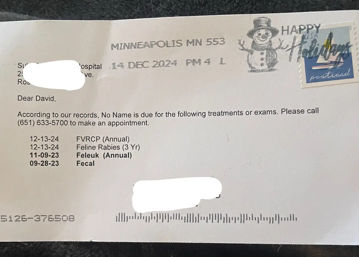 A veterinary appointment reminder letter addressed to 'David' is shown, but the pet's name is redacted as 'No Name'. The…