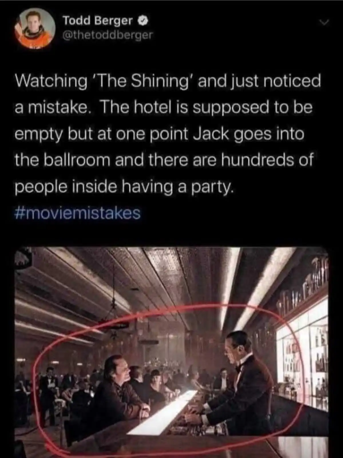 A screenshot of a tweet by Todd Berger pointing out a supposed mistake in 'The Shining' where Jack enters a ballroom filled…