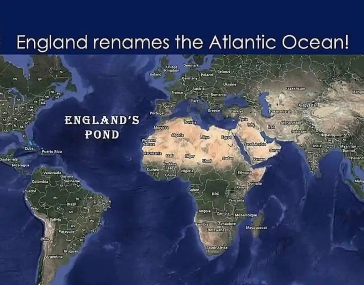A world map image shows the Atlantic Ocean labeled 'ENGLAND'S POND' in large white text, with a banner at the top reading…