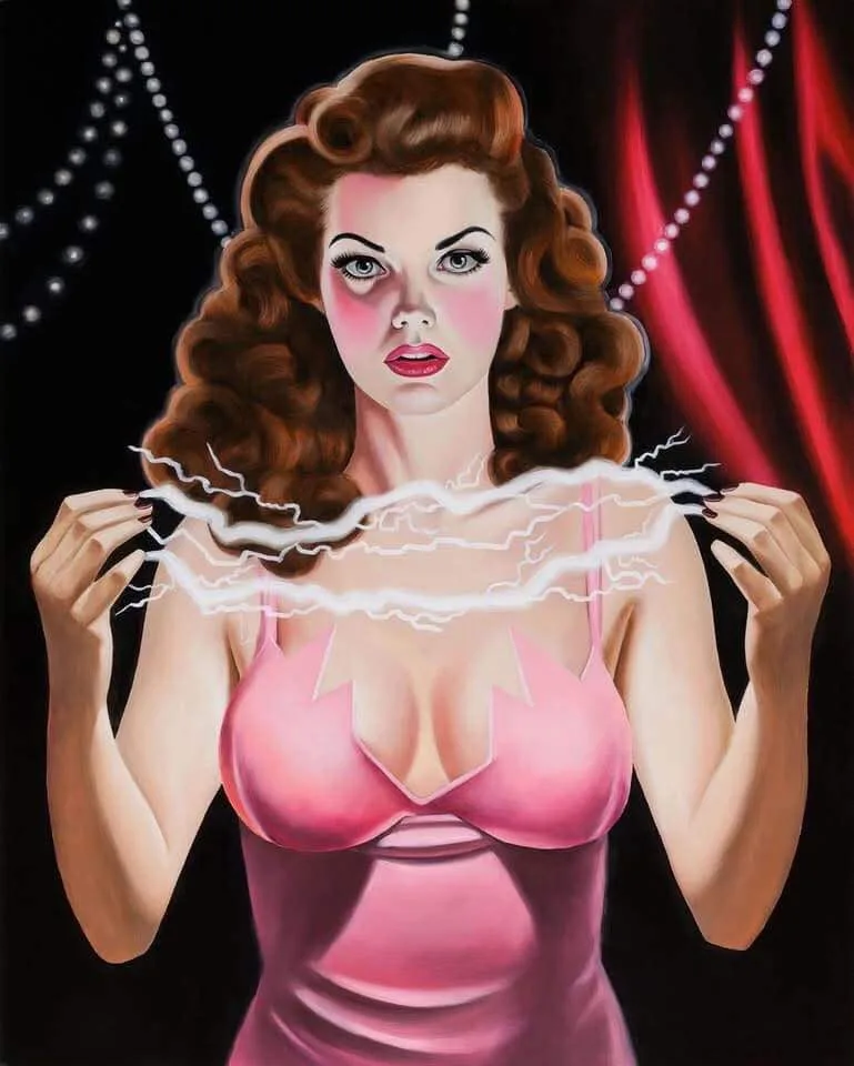 A vintage-style pin-up painting shows a woman with curly brown hair and pink lipstick wearing a pink bra and dress, holding…