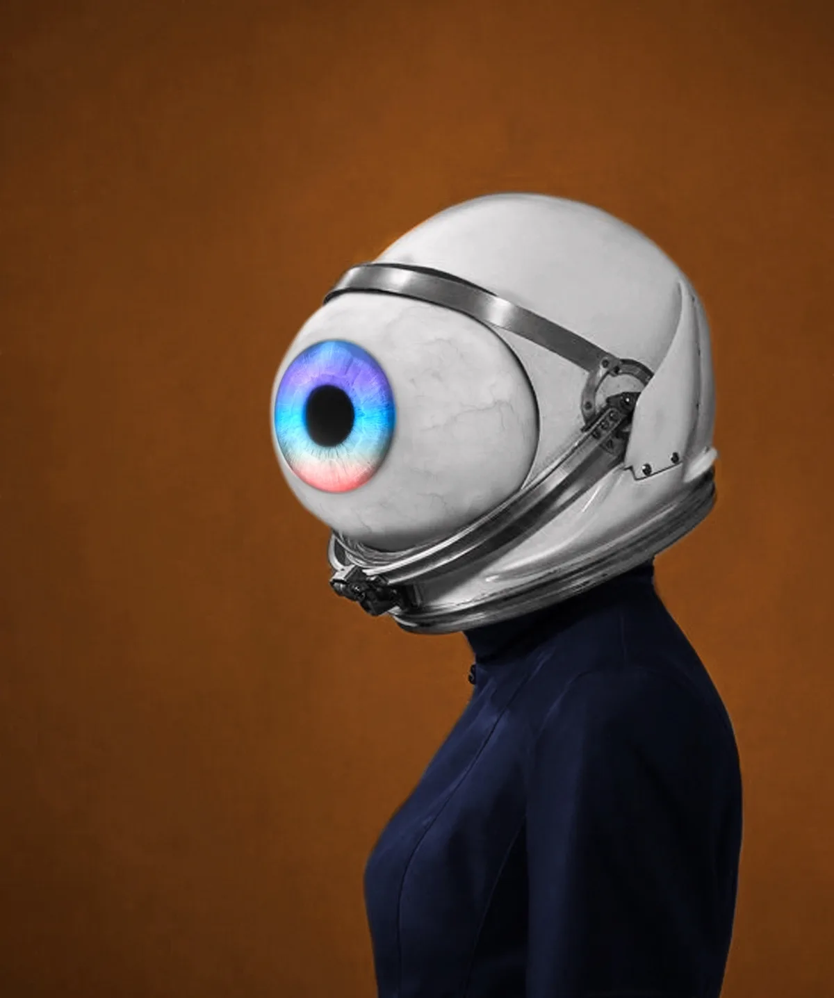 A person in a dark blue turtleneck and a white astronaut helmet is shown in profile against a solid brown background. The…
