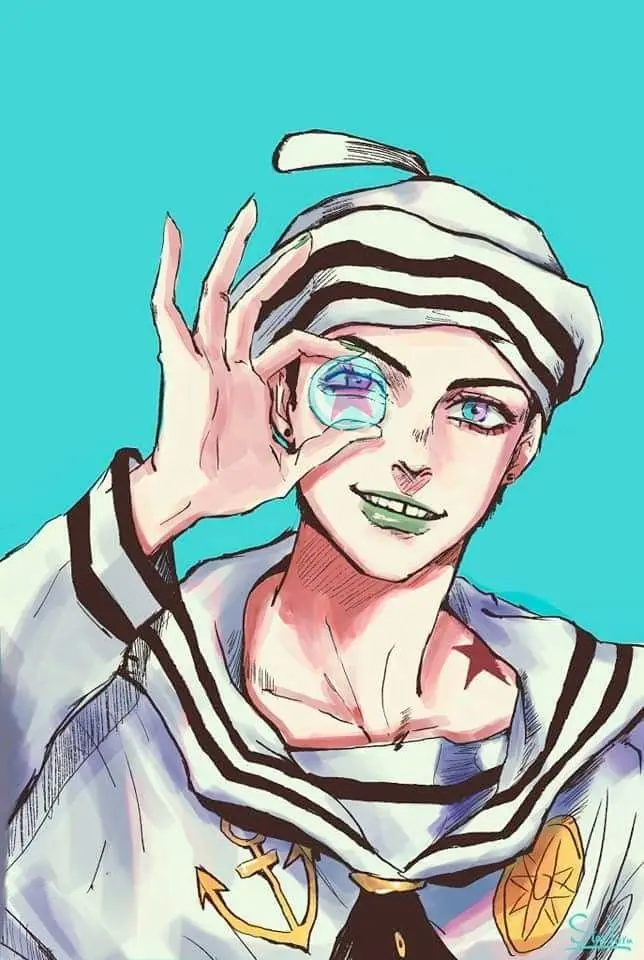 An anime-style sailor character with a striped hat and uniform holds a magnifying glass up to their eye, revealing a…