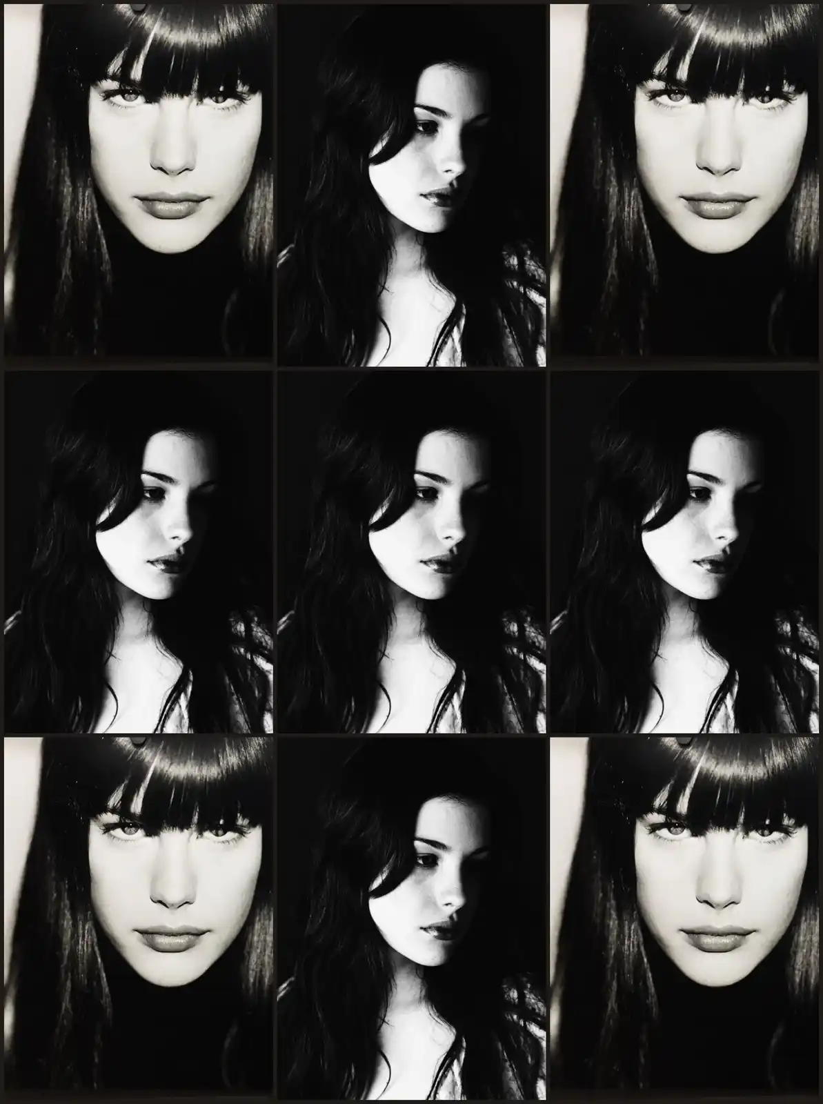 A black-and-white photo collage of nine images featuring the same woman, with three images in each row. The top and bottom…