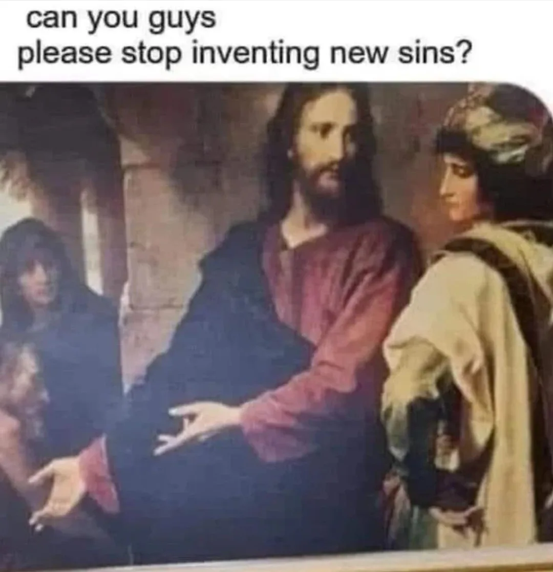 A classical painting depicts Jesus Christ gesturing while speaking to a group of people, with overlaid text reading 'can you…