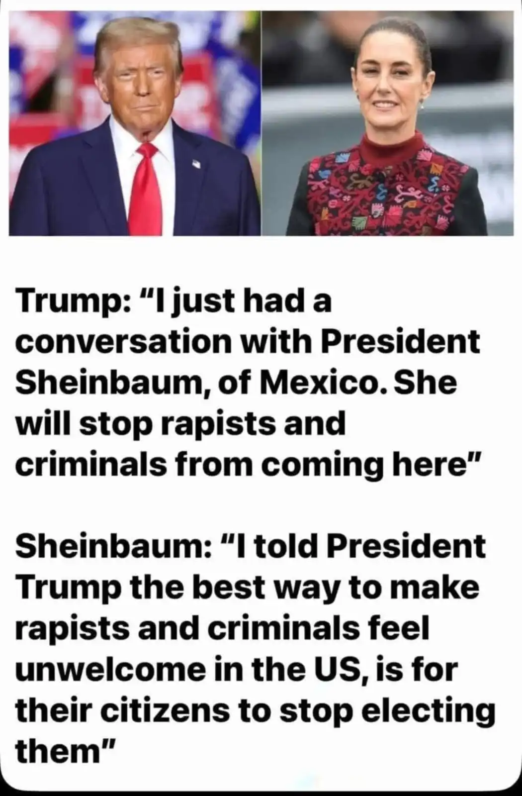 The image displays two side-by-side photos: Donald Trump on the left in a suit and red tie, and Mexican President Claudia…