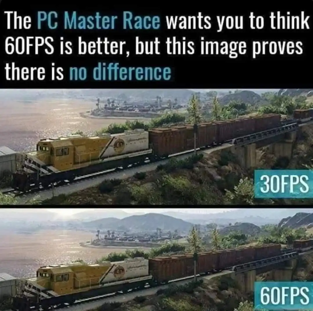 The image displays two nearly identical screenshots of a train scene from a video game, one labeled '30FPS' and the other…