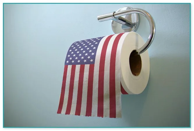 A roll of toilet paper with the American flag printed on it hangs from a chrome wall-mounted holder against a light blue…