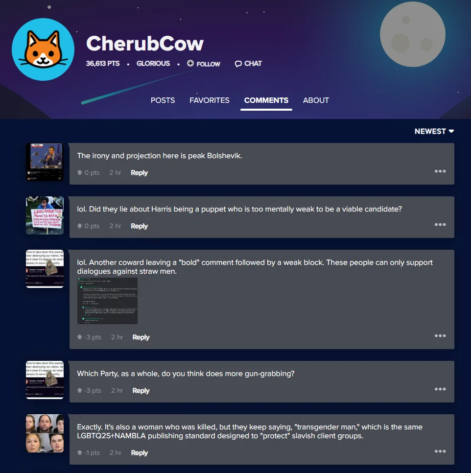 A screenshot of a Reddit user profile named 'CherubCow' with a cartoon cat avatar, showing their comments section. The top…
