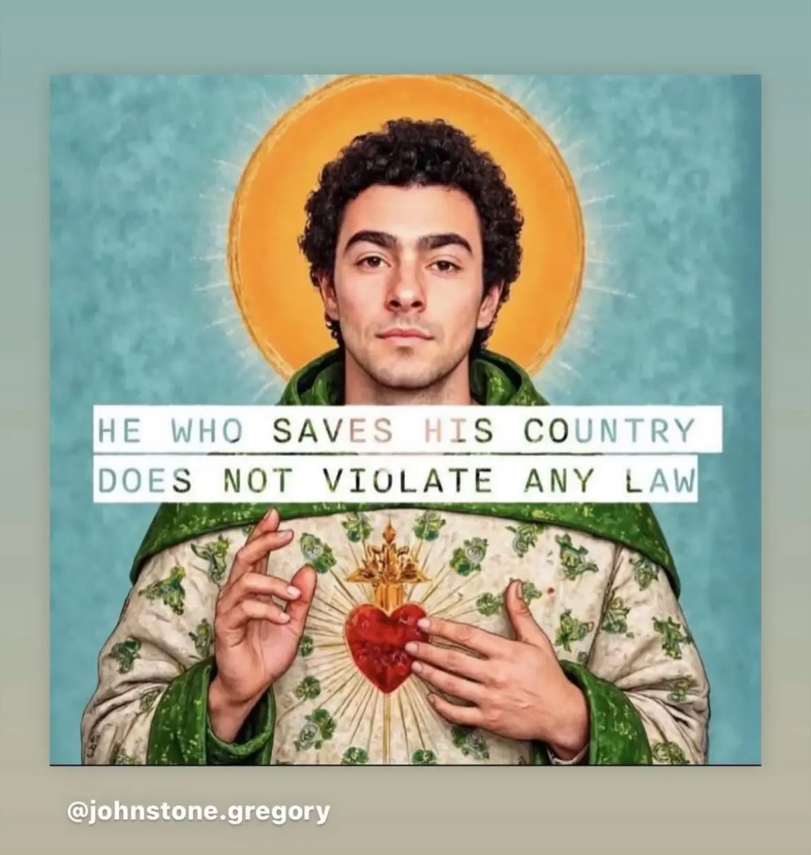 A man with curly dark hair and a golden halo is depicted in a saintly style, wearing a green robe over a white garment with…