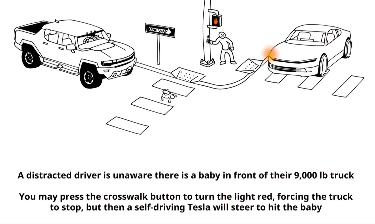 A black-and-white line drawing shows a large truck approaching a crosswalk where a baby is standing. A pedestrian is…