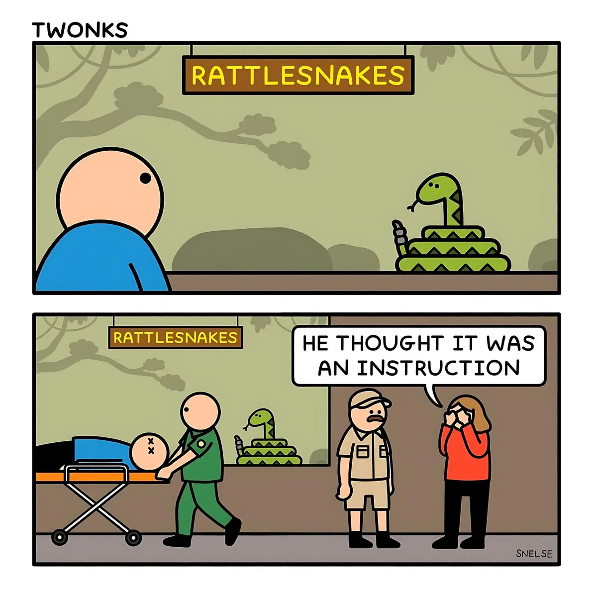 A two-panel comic shows a man in a blue shirt looking at a green rattlesnake behind a glass enclosure labeled…