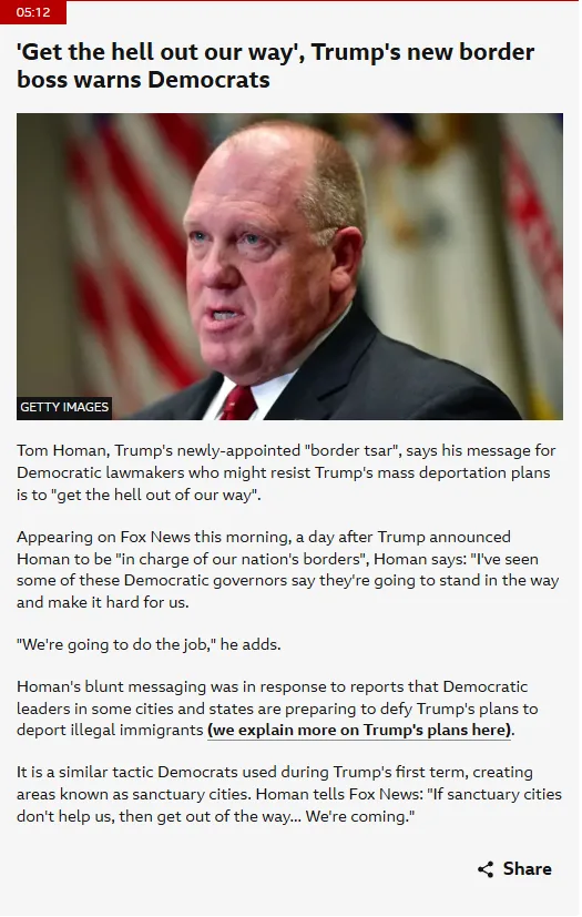 A screenshot of a news article featuring a photo of Tom Homan, Trump's newly-appointed 'border tsar', speaking with a stern…