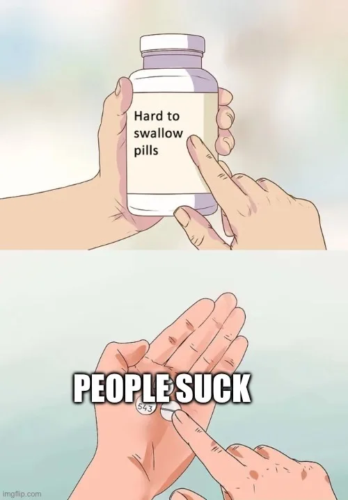 The image shows two panels: top panel depicts hands holding a pill bottle labeled 'Hard to swallow pills', bottom panel…