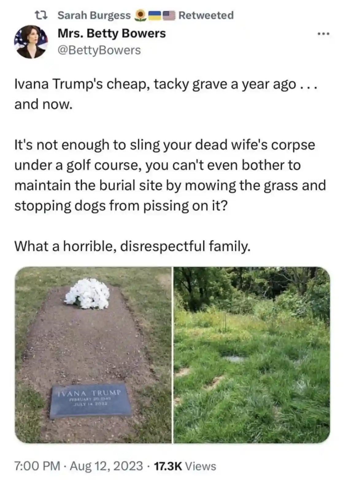 The image displays a side-by-side comparison of Ivana Trump's grave site. The left panel shows a neat, freshly dug grave…