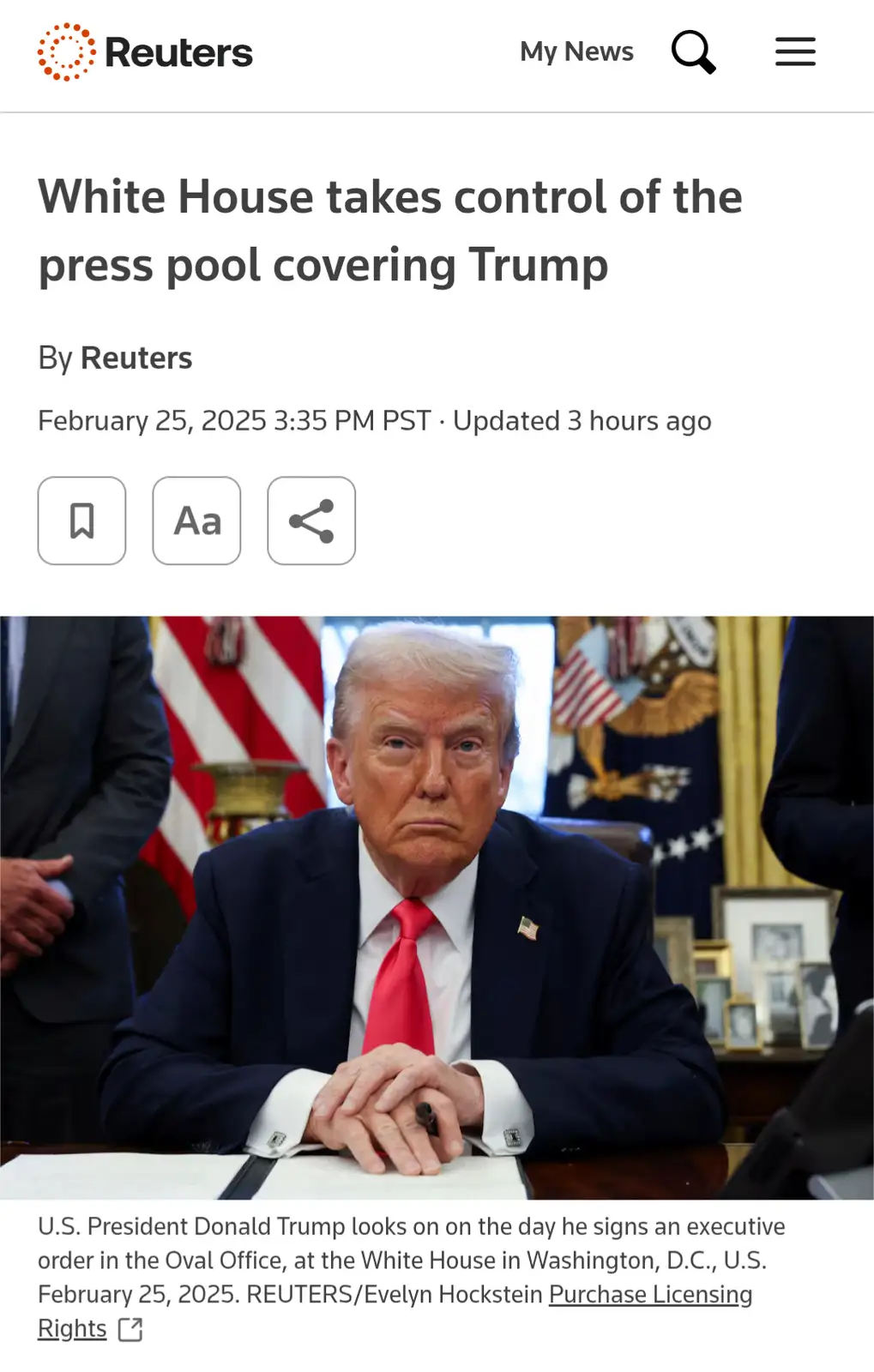 A screenshot of a Reuters news article dated February 25, 2025, shows a photo of Donald Trump seated at a desk in the Oval…