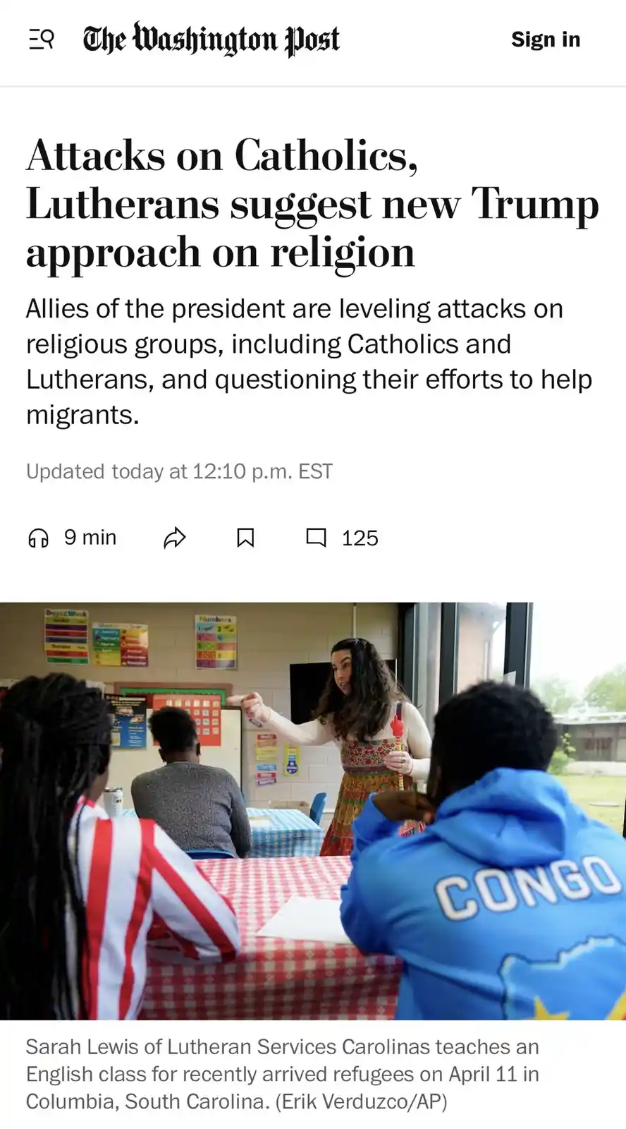 A screenshot of a Washington Post article with the headline 'Attacks on Catholics, Lutherans suggest new Trump approach on…