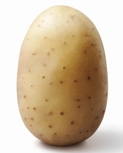 A single, smooth-skinned potato with brown spots stands upright against a plain white background. Overlaid text in a simple…