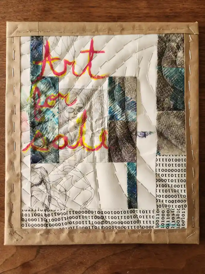 A handmade collage artwork with a brown paper border and visible stitching, featuring various paper fragments including a…