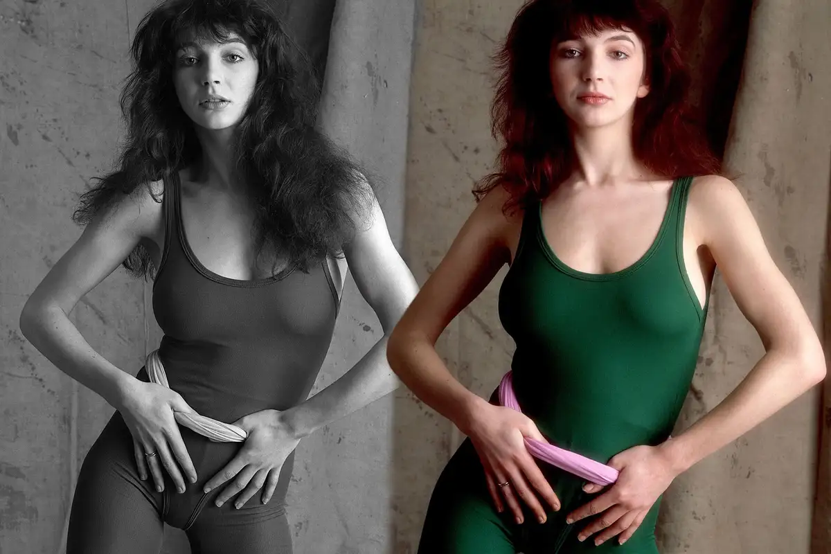 The image displays two side-by-side photos of the same woman posing identically in a form-fitting green leotard with a pink…