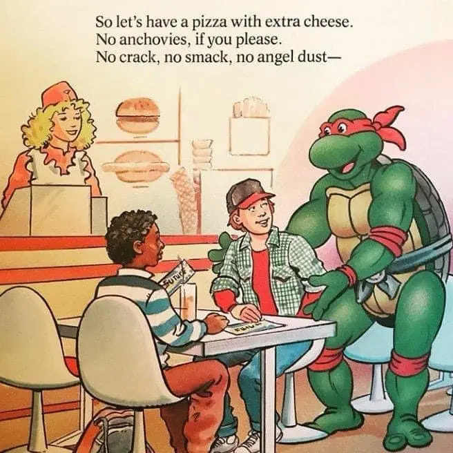 A vintage cartoon illustration shows a teenage boy and a green anthropomorphic turtle with a red bandana sitting at a diner…