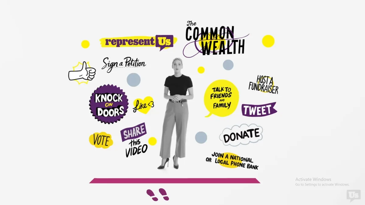 A black-and-white image of a woman standing centered, surrounded by colorful, floating call-to-action graphics like 'Knock…