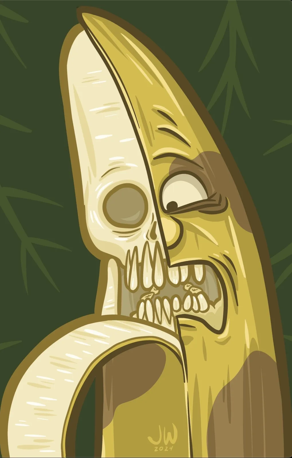 A cartoon banana is split vertically down the middle, showing a skull on the left half and a screaming, angry human face on…