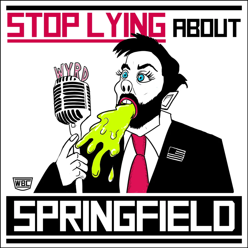 A cartoon man in a suit and red tie holds a vintage microphone labeled 'WYRD' while green slime drips from his mouth. The…
