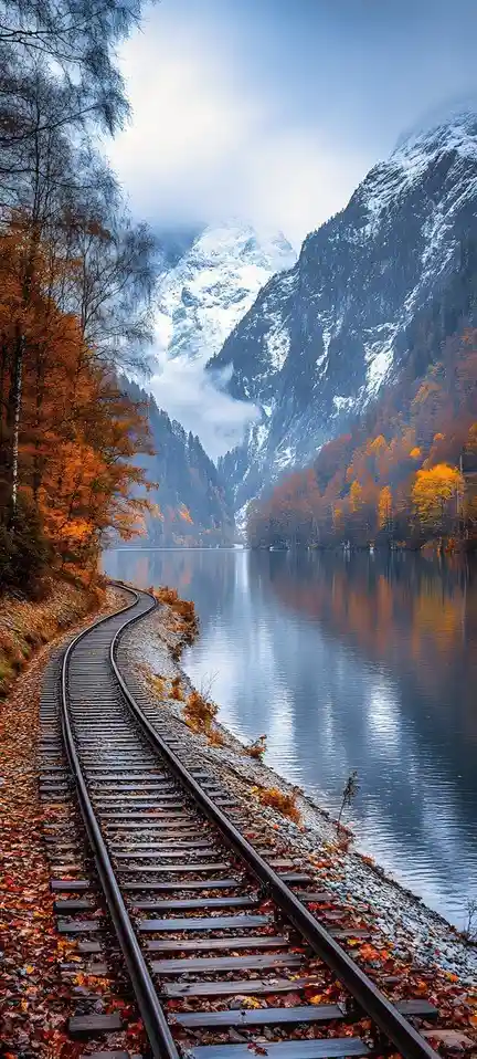 A scenic, vertically oriented photograph shows a railway track curving through autumn foliage beside a calm lake, with…