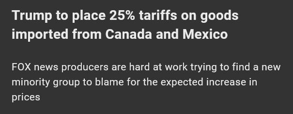A dark gray image displays two blocks of white text. The top block reads 'Trump to place 25% tariffs on goods imported from…
