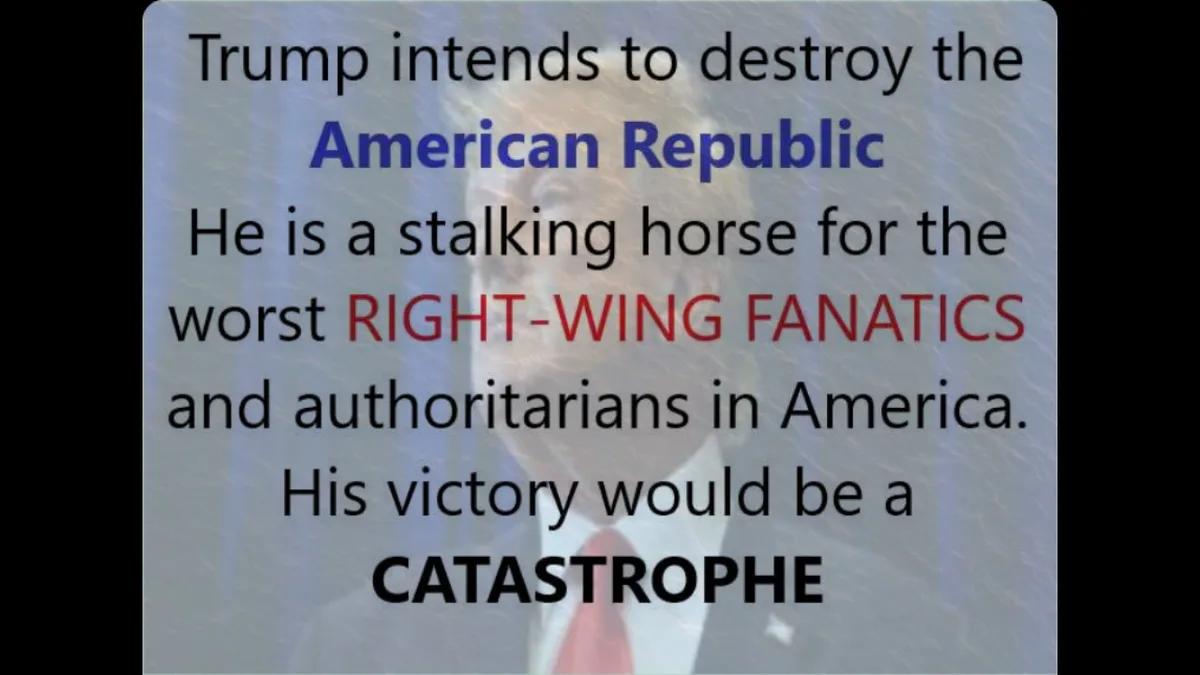 The image shows a blurred photo of Donald Trump overlaid with bold text. The text accuses Trump of intending to destroy the…
