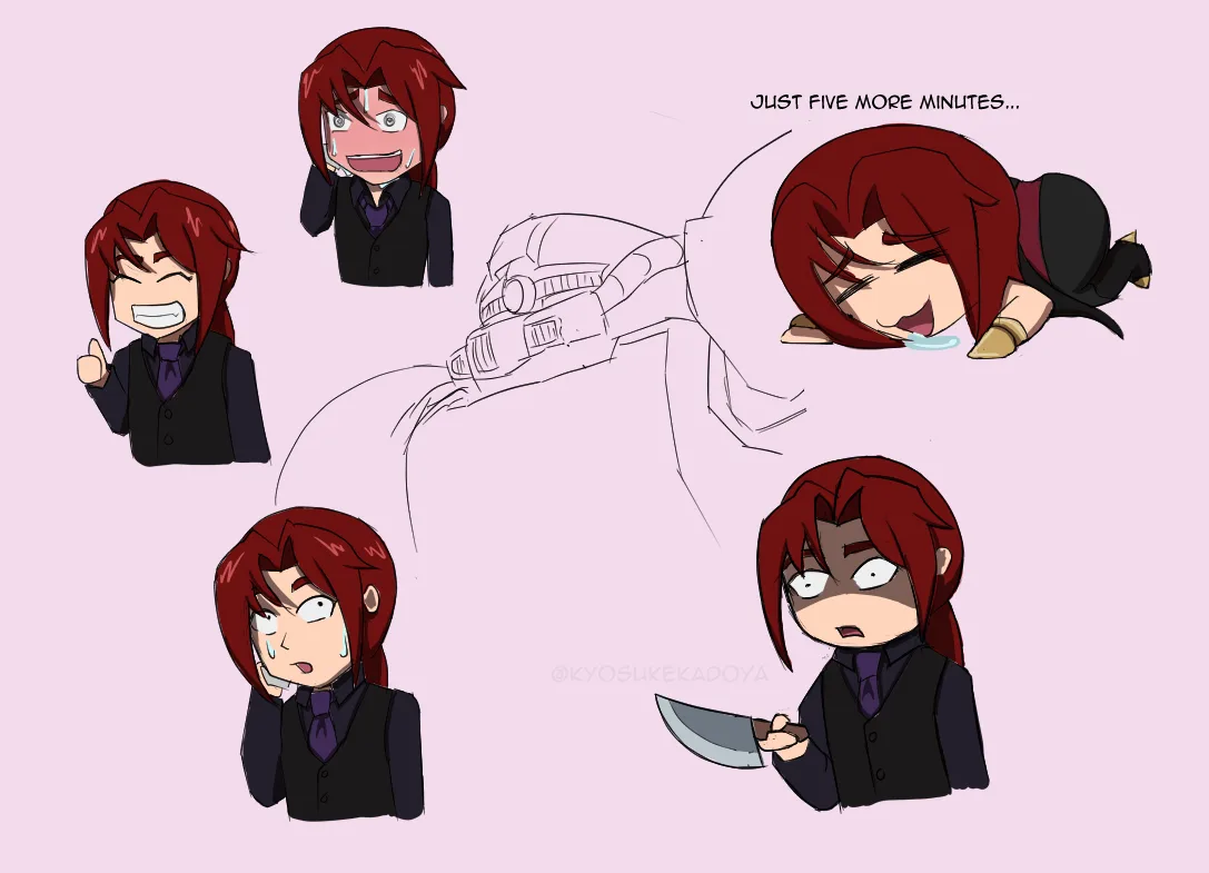 A chibi-style anime character with red hair and a black vest is shown in five different expressions: confidently giving a…