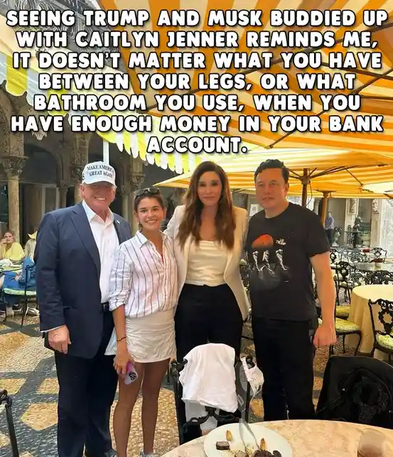 Four people, including Donald Trump wearing a 'Make America Great Again' hat, Elon Musk, Caitlyn Jenner, and a young woman…