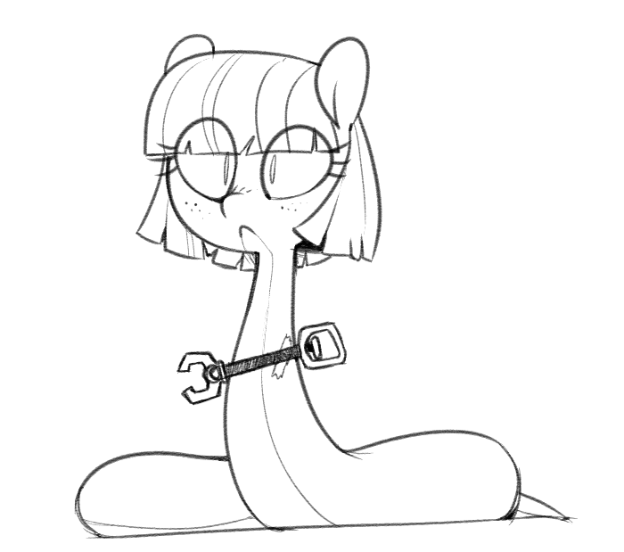 Two identical black-and-white line drawings of a cartoon character with glasses and a long neck, each holding a wrench. The…